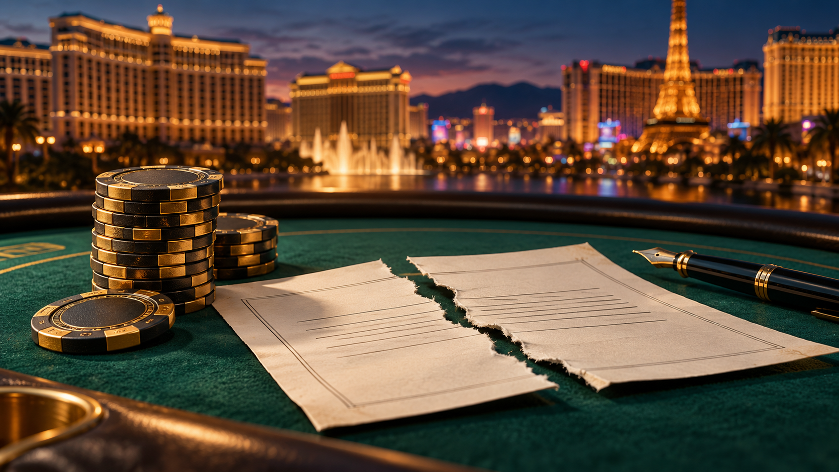 Conceptual illustration of casino chips beside a torn acquisition document against Las Vegas lights.
