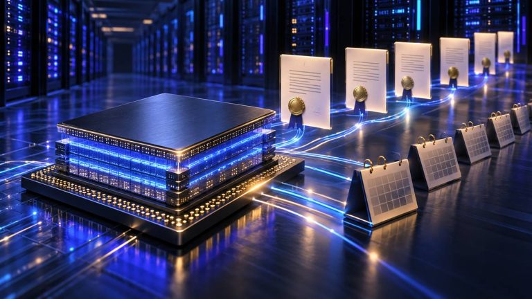 AI illustration of a memory chip linked to multi-year customer agreements and calendars