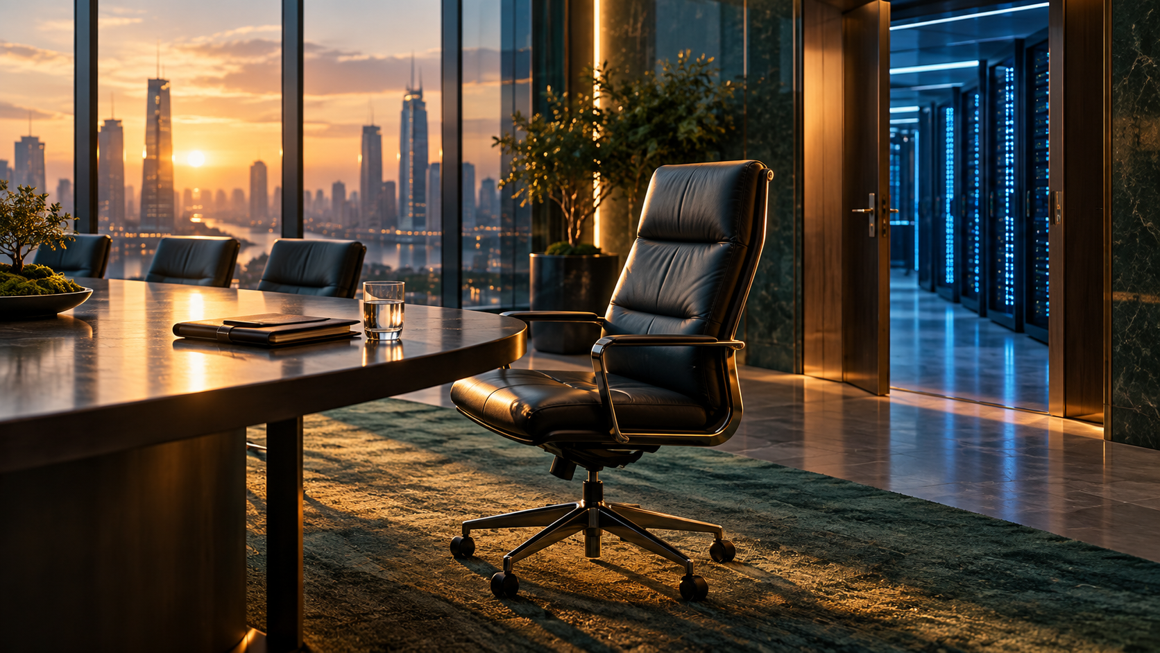AI illustration of an empty executive chair beside a conference table, with server racks beyond an open doorway.