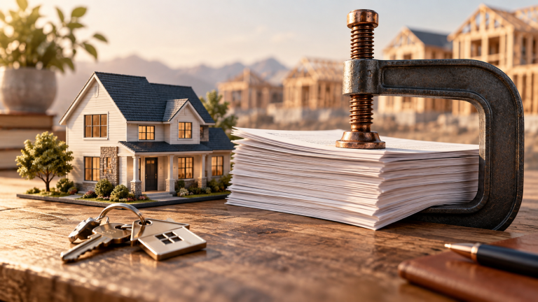 Conceptual illustration of a model house and keys beside mortgage papers held in a clamp.