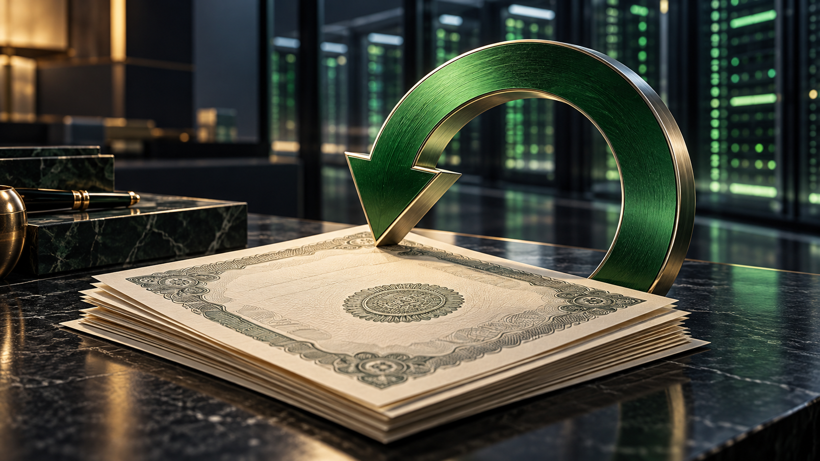 AI illustration of stock certificates and a green return arrow in front of server racks.
