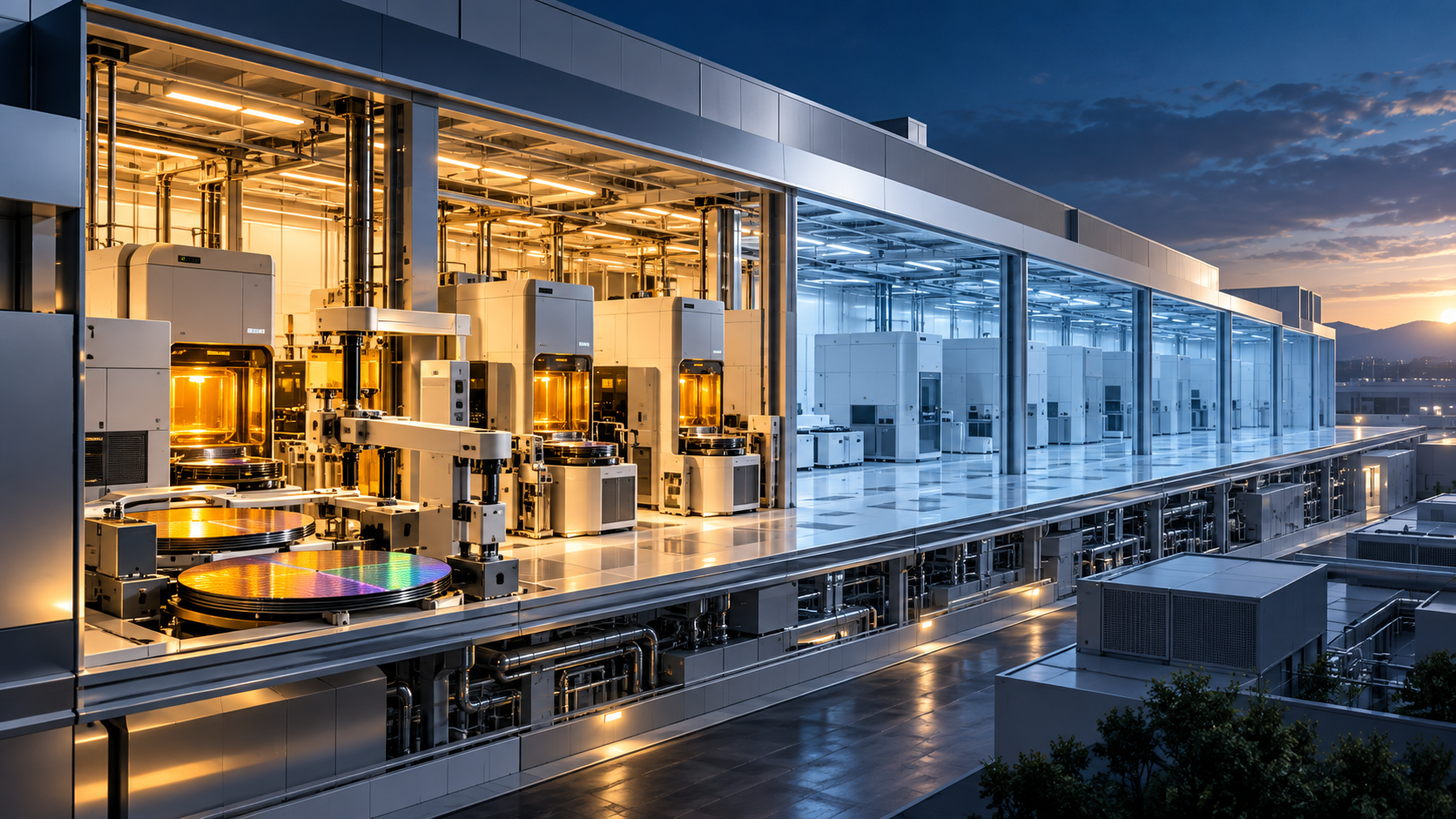AI illustration of a semiconductor factory with illuminated processing equipment and cleanroom bays.