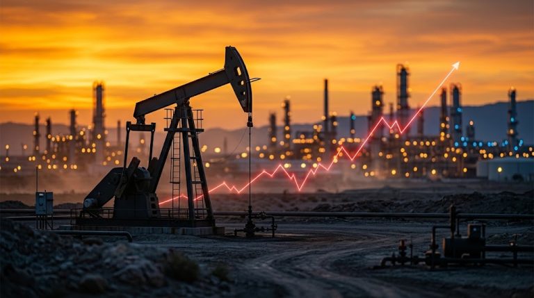 Oil pump jack with an upward price chart overlay representing the 2026 oil price spike