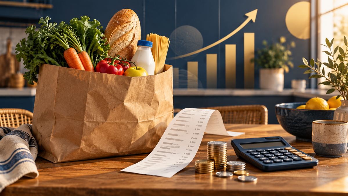AI illustration of groceries, a receipt, coins and a calculator on a kitchen table