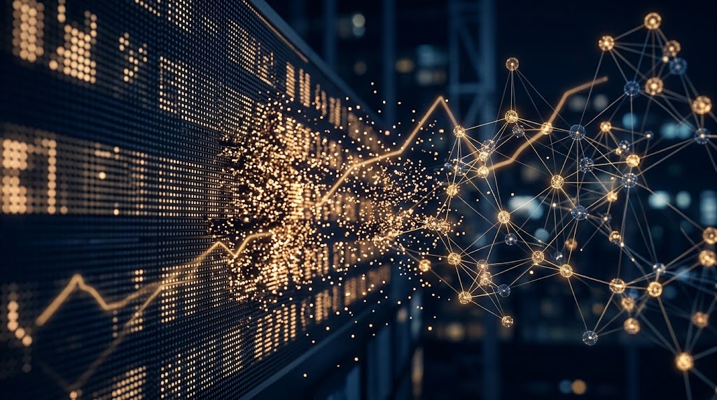 Stock ticker display merging with blockchain network nodes representing the SEC's new tokenized stock exemption