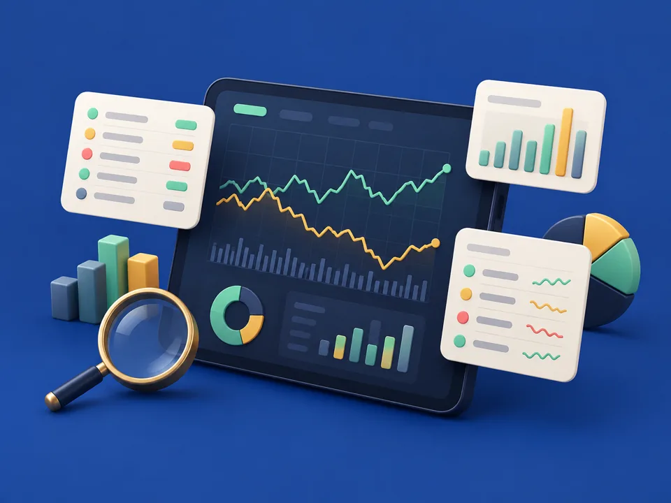 Stock research dashboard illustration with price charts, ratings, and comparison cards