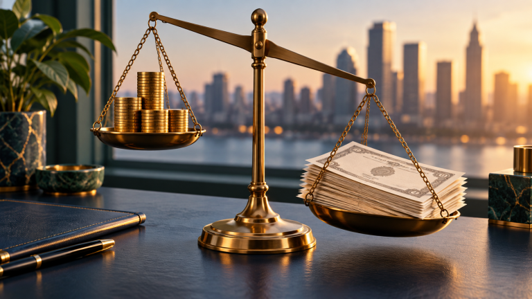 Conceptual illustration of a brass scale balancing coins and bond certificates.