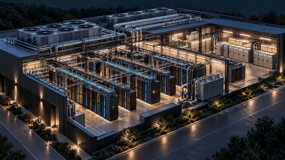 Conceptual data-center cutaway showing server racks, cooling and electrical equipment