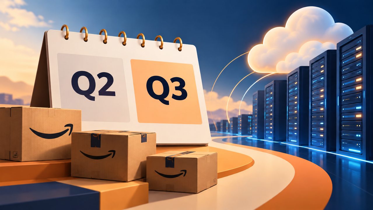 Conceptual illustration of delivery boxes, a quarterly calendar and cloud servers for Amazon’s Q3 results.