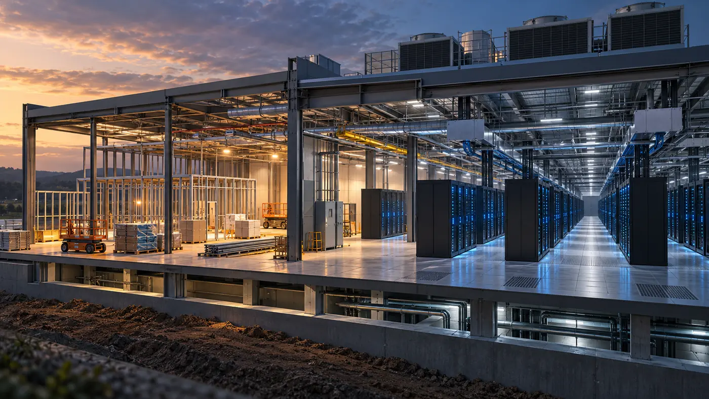 Conceptual data center cutaway showing unfinished tenant fit-out bays beside operating server racks.