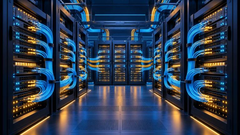 Conceptual illustration of data-center network switches linked by fiber-optic cables