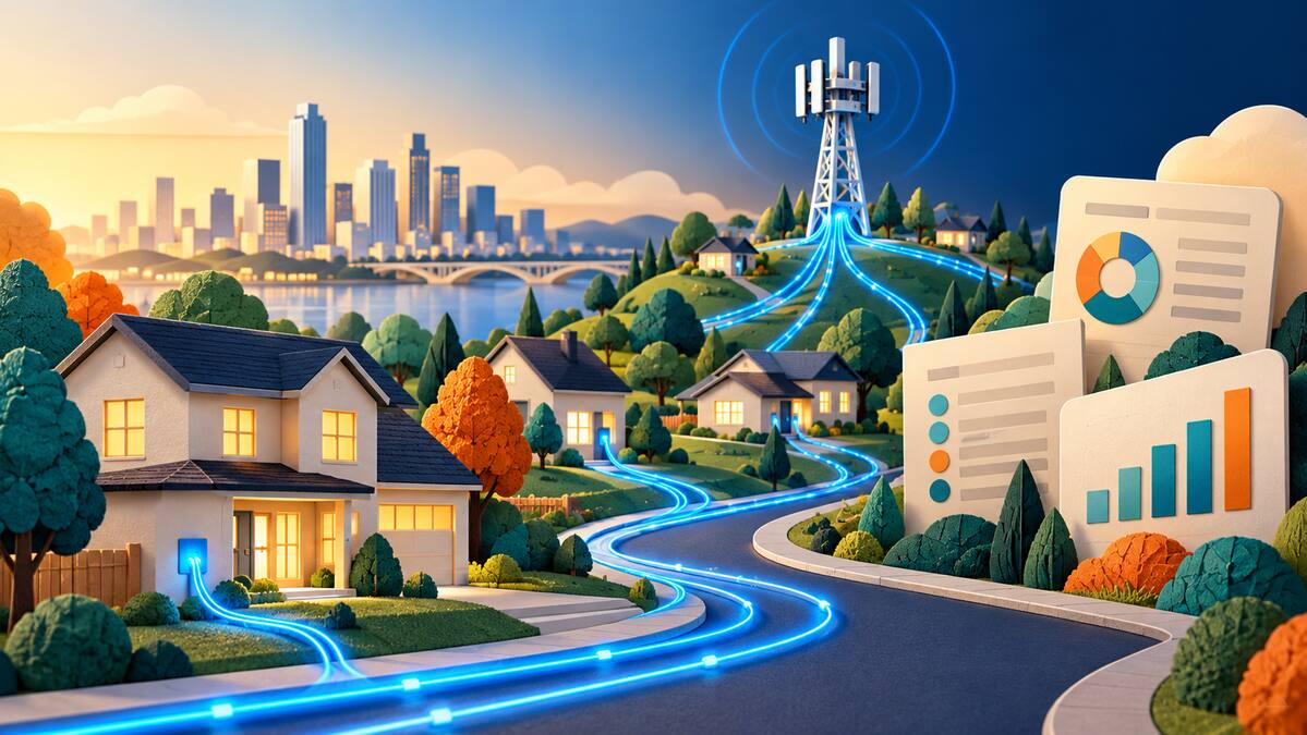 Conceptual illustration of fiber-connected homes, a wireless tower and AT&T network-investment finances.