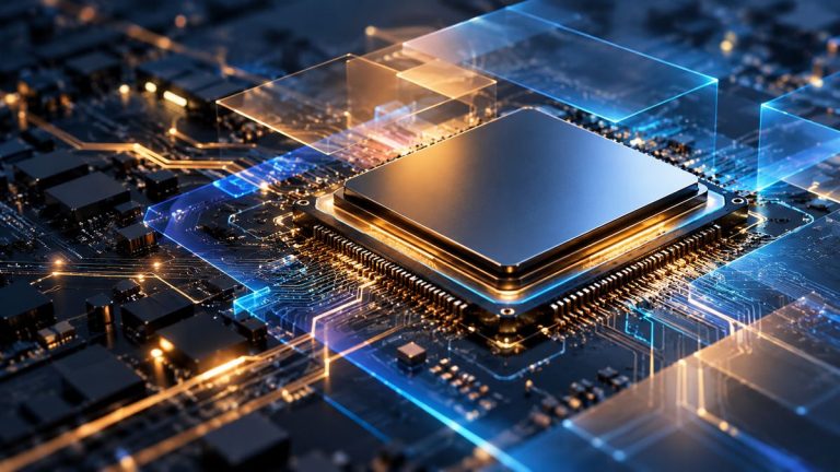 Conceptual processor and circuit board illustration representing AI hardware and software