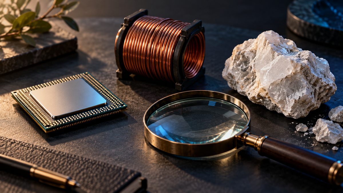 Conceptual research still life with a processor, copper coil, mineral specimen and magnifying glass