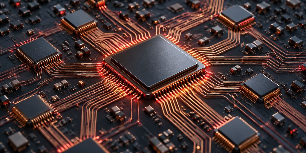 Conceptual illustration of custom semiconductor chips linked by copper circuit traces