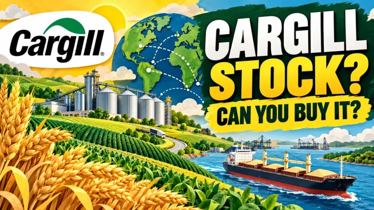 Cargill stock thumbnail with Cargill logo, grain fields, silos and a conceptual global agricultural shipping scene.