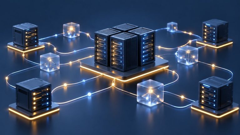 Conceptual illustration of connected servers and data nodes for software observability analysis.