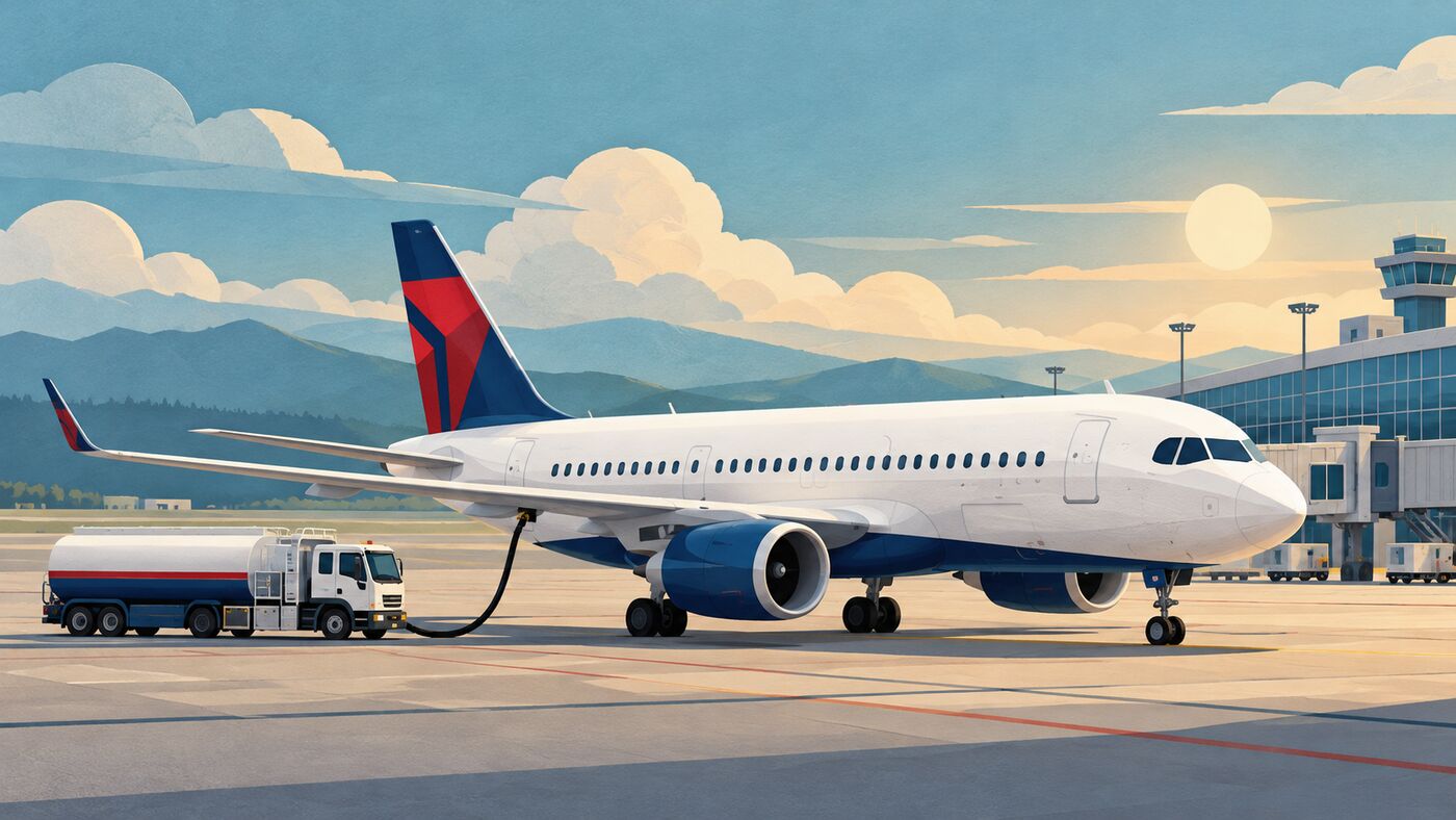 Illustration of a passenger airplane and fuel truck for Delta earnings and jet fuel cost analysis