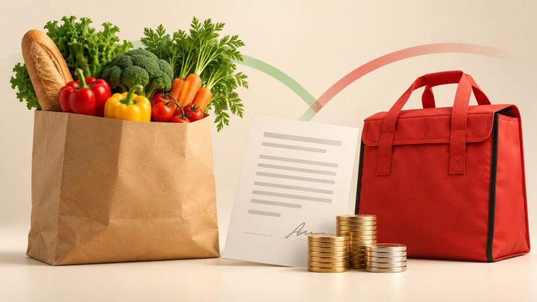 Conceptual illustration of grocery and delivery bags, coins and a document for DoorDash's proposed Instacart acquisition.
