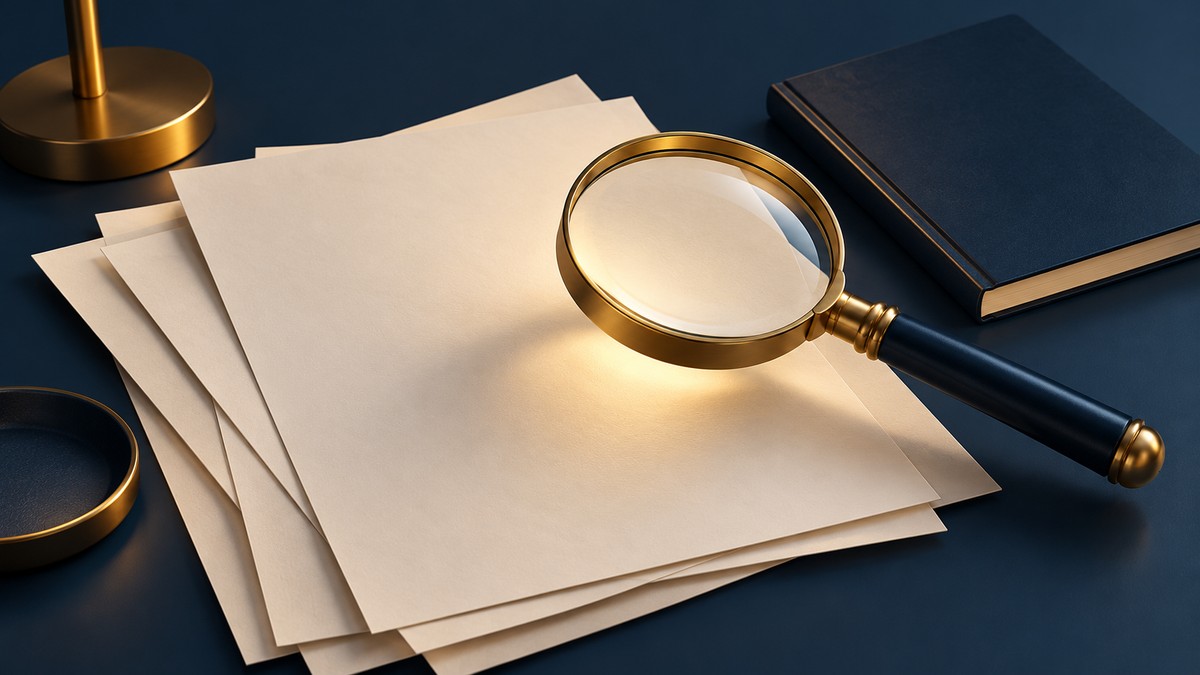 Conceptual illustration of a magnifying glass over blank documents for earnings report analysis.