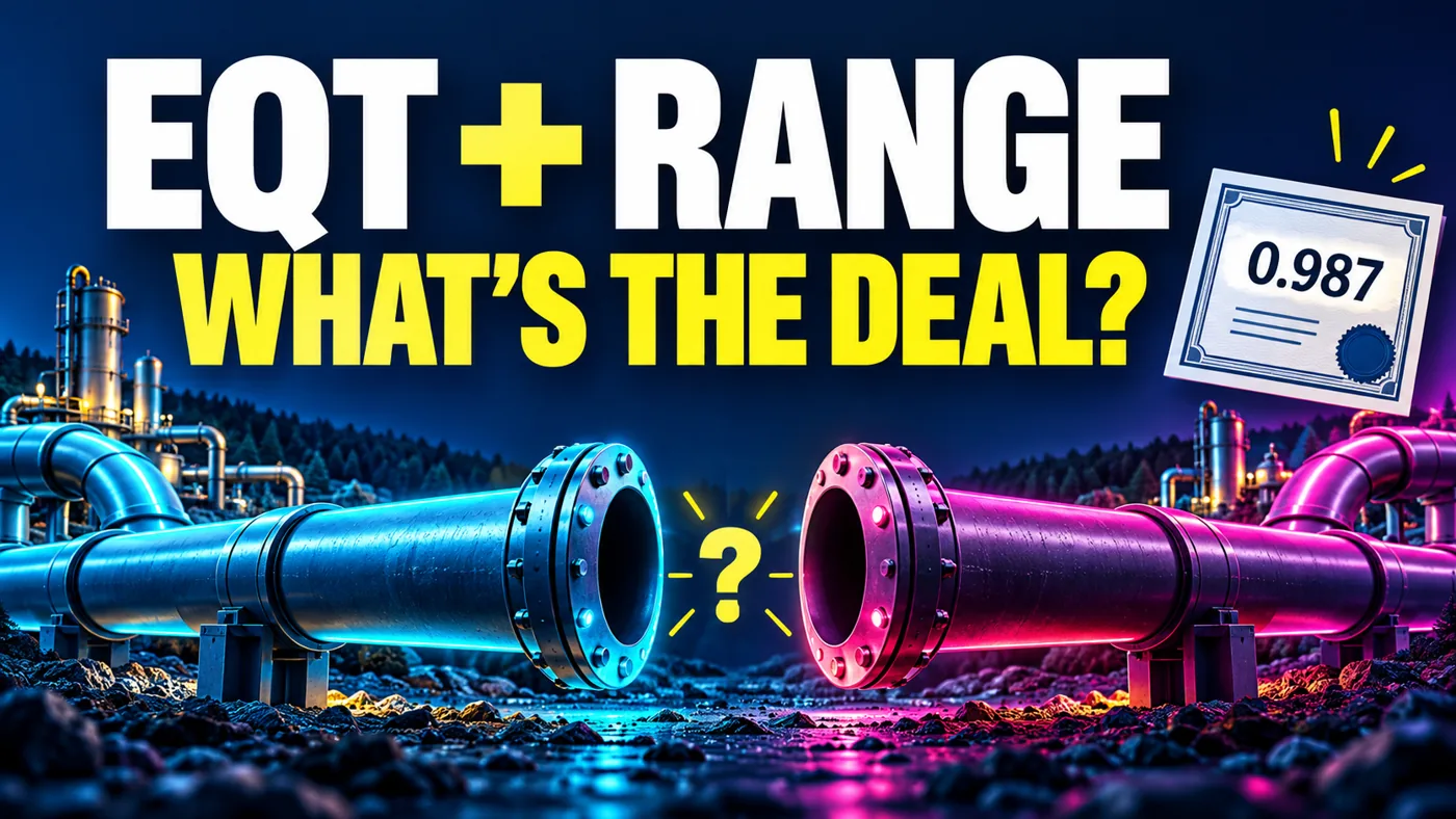 EQT and Range Resources merger illustration with separated gas pipelines and a 0.987 share-exchange certificate