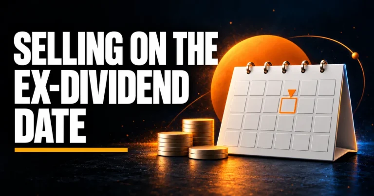 Selling on the Ex-Dividend Date, with a highlighted calendar day and coin stacks.