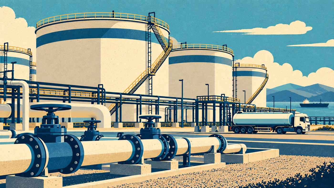 Editorial illustration of oil storage tanks, pipelines, valves and a tanker truck at a fictional fuel terminal.