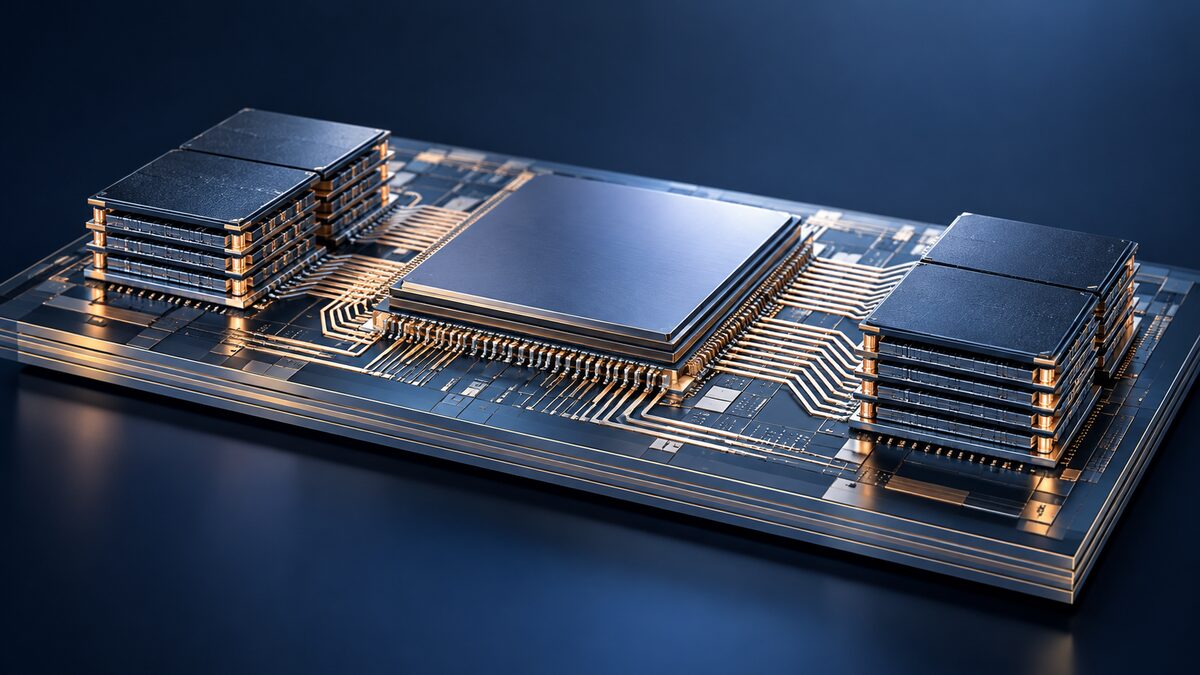 Conceptual illustration of a processor and stacked memory connected through a silicon interposer