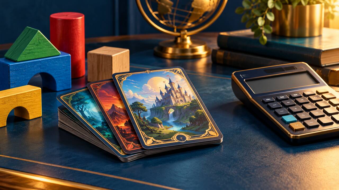 Conceptual illustration of fantasy trading cards, toy blocks and a calculator for Hasbro earnings analysis