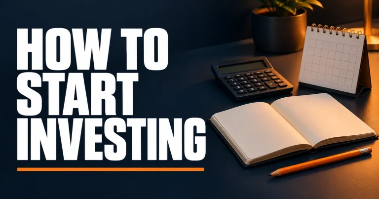 How to Start Investing title beside a notebook, pencil, calculator, and blank calendar.