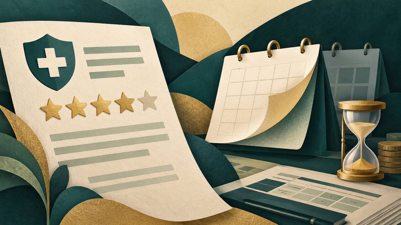 Illustration of Medicare star ratings, a calendar and an hourglass for Humana’s 2028 bonus payments