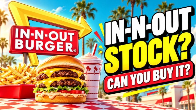 In-N-Out stock thumbnail with the In-N-Out Burger logo, burger, fries and milkshake in a playful editorial collage.