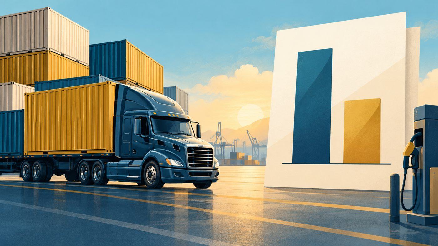 Conceptual illustration of a freight truck, shipping containers and fuel pump for J.B. Hunt earnings and pricing analysis