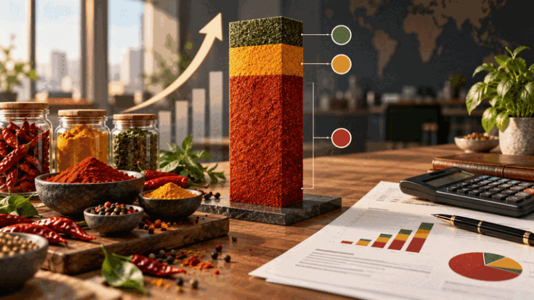 AI illustration of spice bowls beside a financial report and a stacked sales-growth column