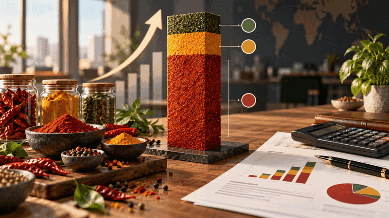 AI illustration of spice bowls beside a financial report and a stacked sales-growth column