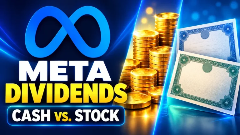 Meta logo beside coins and share certificates, illustrating the difference between cash and stock dividends