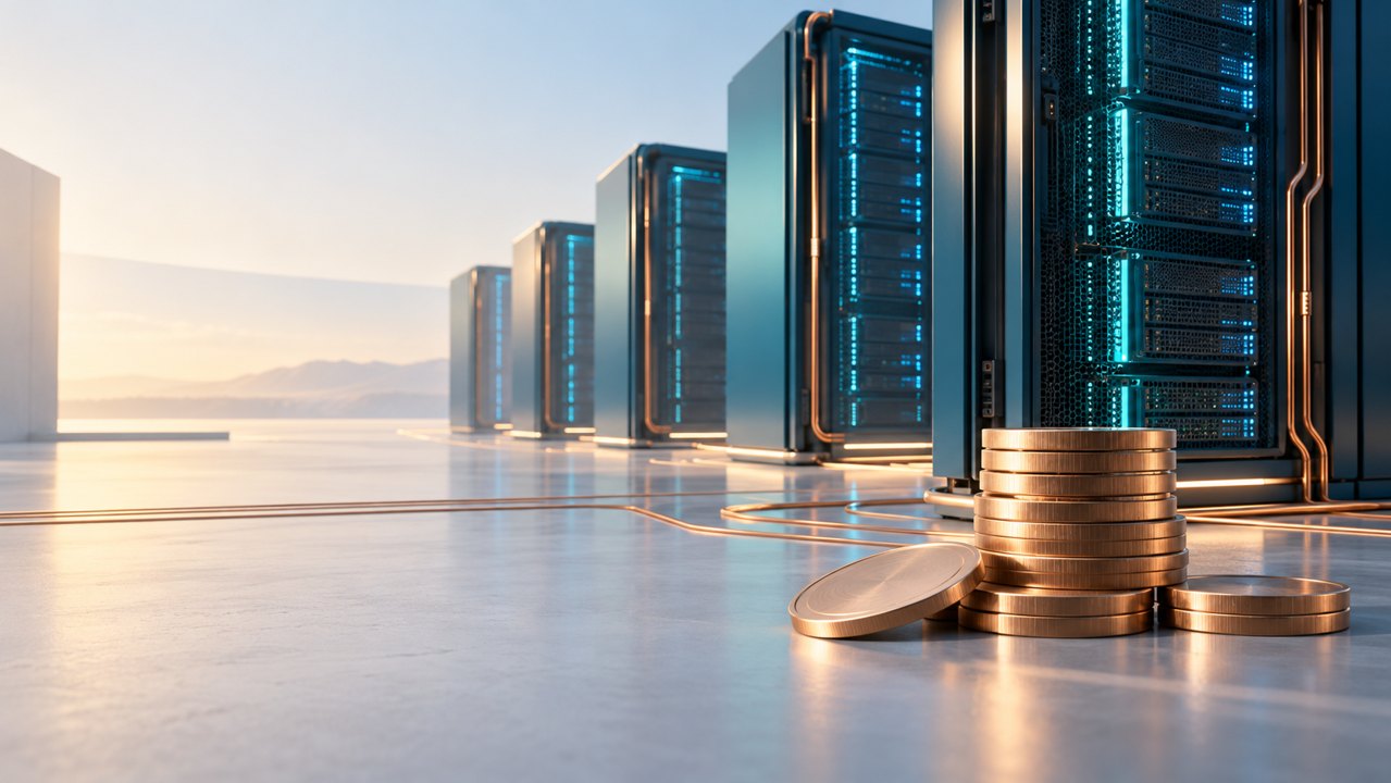 Conceptual illustration of server racks and coins for Microsoft's AI equipment spending and free cash flow.