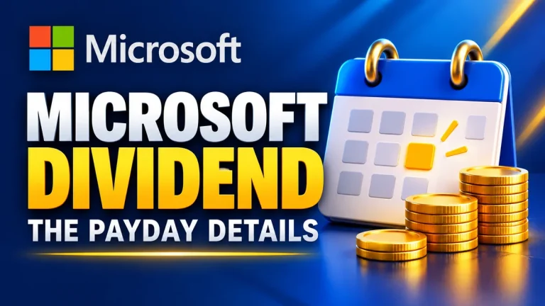 Microsoft logo with a dividend calendar and coins, illustrating Microsoft dividend payment details