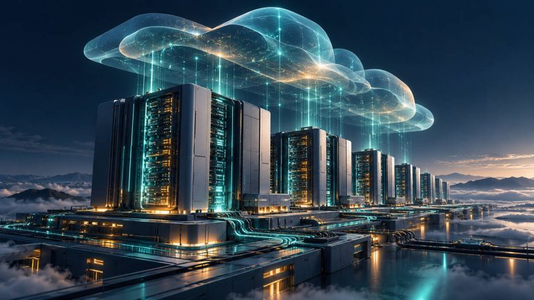 Conceptual AI cloud infrastructure with illuminated server towers beneath a translucent teal and amber cloud.