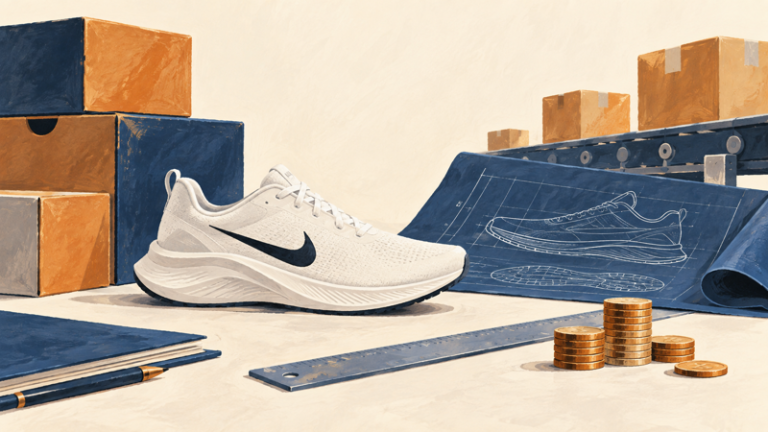 AI illustration of a Nike running shoe, shipping boxes, a blueprint and coins