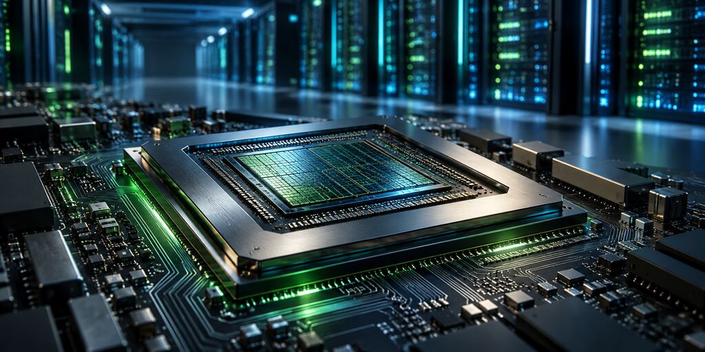 Conceptual illustration of an unbranded GPU processor and data-center computing infrastructure