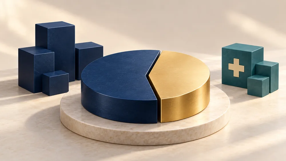 Conceptual illustration of navy and gold ownership shares beside teal healthcare blocks.