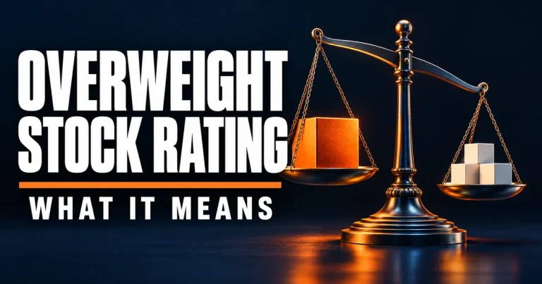 Overweight stock rating title beside a navy balance scale and orange and white blocks.