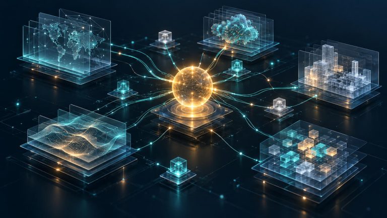 Conceptual enterprise-data network with teal connections linking analytical layers to a glowing amber decision hub.