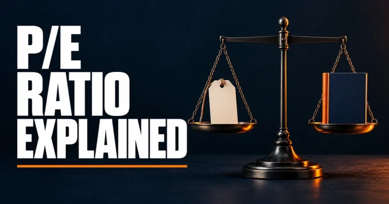 P/E Ratio Explained title beside a balance scale holding a blank price tag and a book.