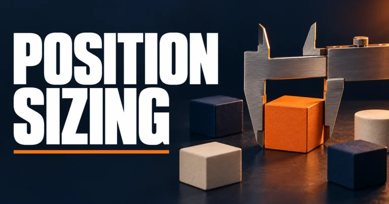 Position Sizing title beside a caliper measuring an orange cube among neutral geometric blocks.
