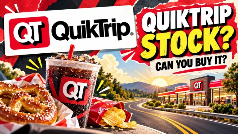 QuikTrip stock thumbnail with QT logo, road-trip snacks and a conceptual convenience store scene.
