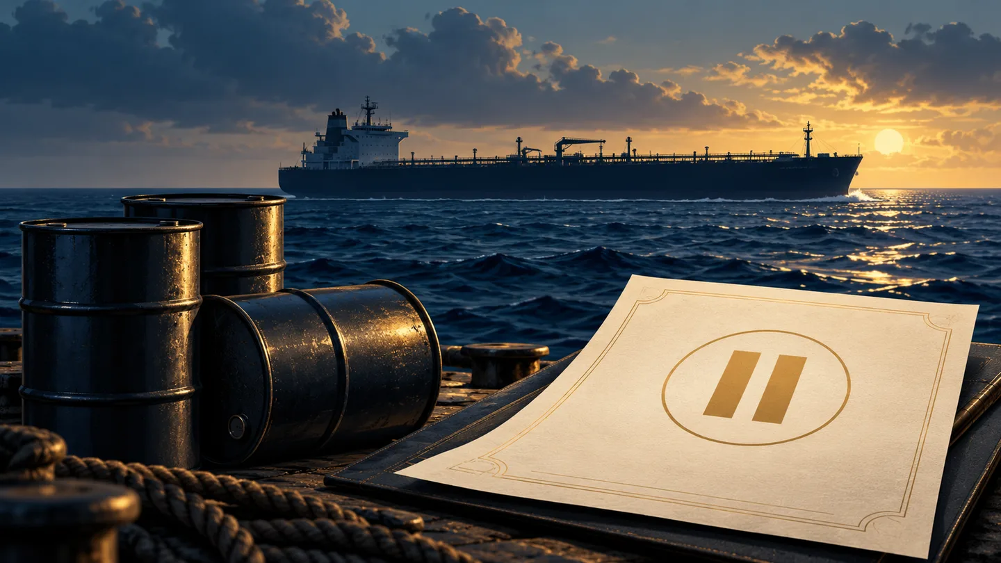 Conceptual oil tanker, barrels and pause-symbol document illustrating the Russia sanctions and tariff waiver.