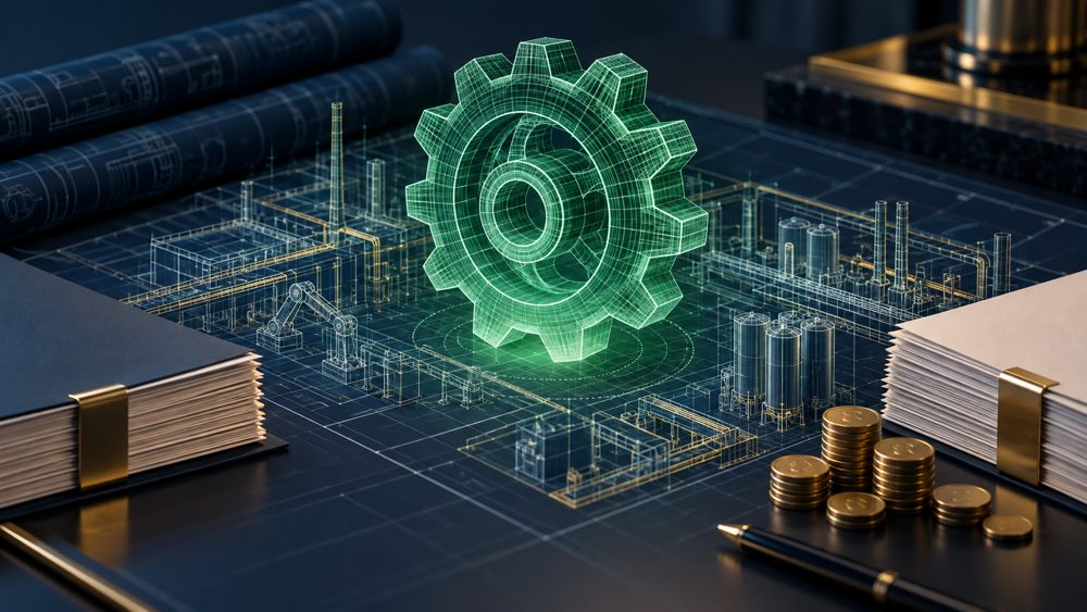 Conceptual illustration of industrial design software, financing documents and coins for Schneider Electric’s proposed PTC acquisition