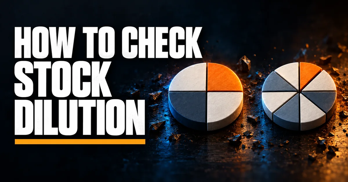 How to Check Stock Dilution, with one highlighted ownership slice among four shares and then eight shares.